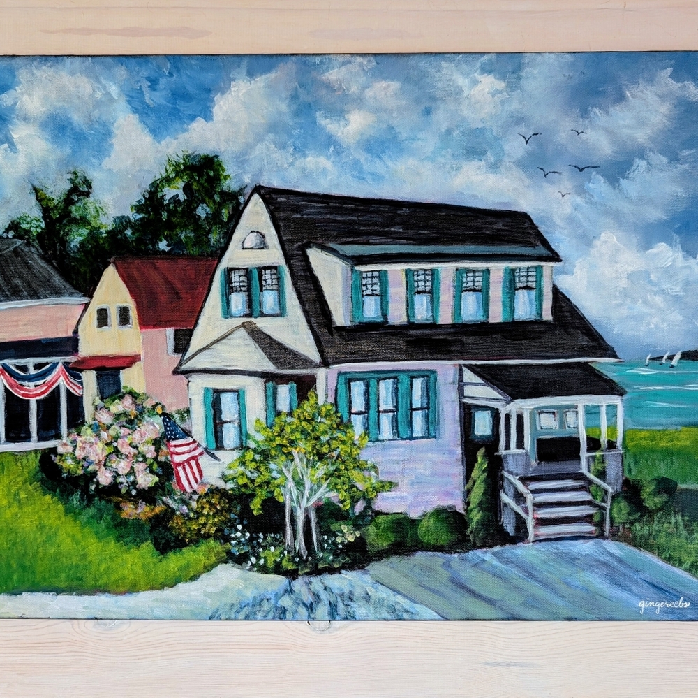 Original Acrylic Painting Charming Coastal House 24X18 Canvas Artist Signed NWOT